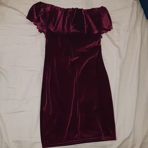 Burgundy velvet ruffle mini dress